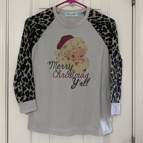 SOUTHERN GRACE • Santa Merry Christmas Y’all Leopard Print Long Sleeve Top - Picture 2 of 8